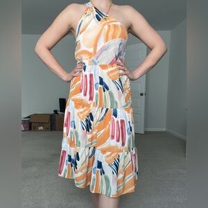 Entro One Shoulder Dress with Abstract Orange and Blue Print